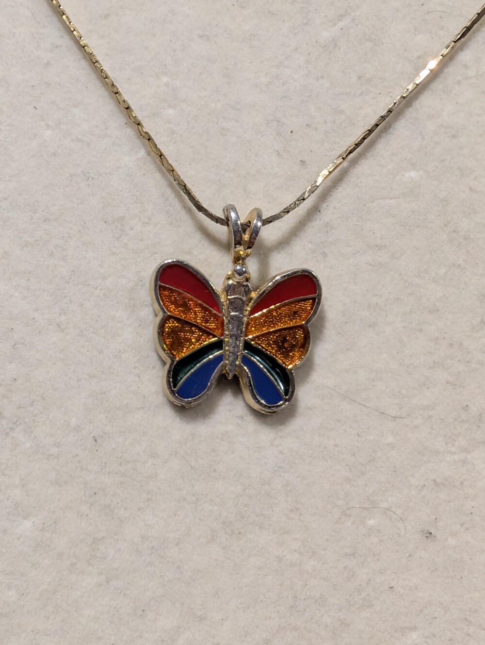 Mixed-metal colorful enamel butterfly pendant necklace